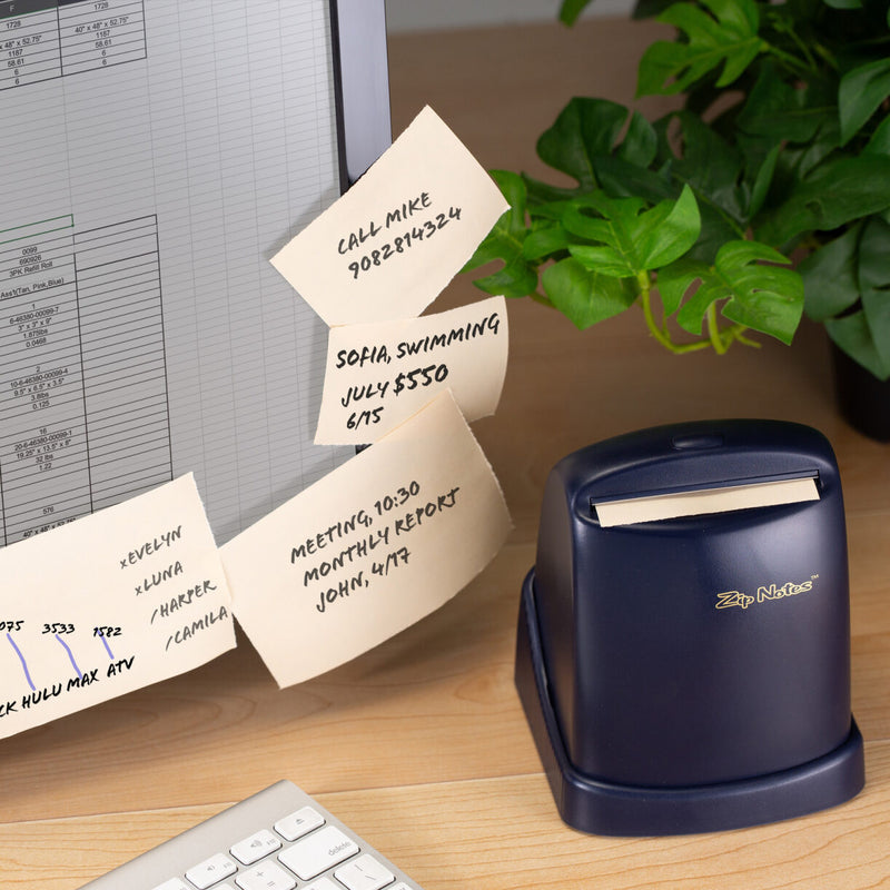 Sticky notes in various sizes, with sticky down the center of the back of the note, executive zip note dispenser with a push of a button