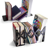 black expandable book end shown with books in comparison to an alternate bookend where books fall