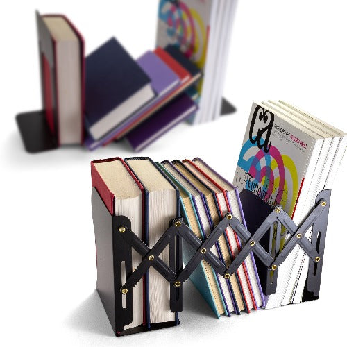 black expandable book end shown with books in comparison to an alternate bookend where books fall