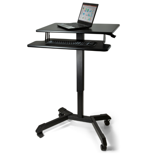 DC500 adjustable mobile desk, cart with keyboard tray. Perfect for any work or classroom environment. Shown with a computer on desk and a keyboard on the tray.