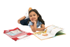 Little girl reading a book with a red Read-n-Go book baggie
