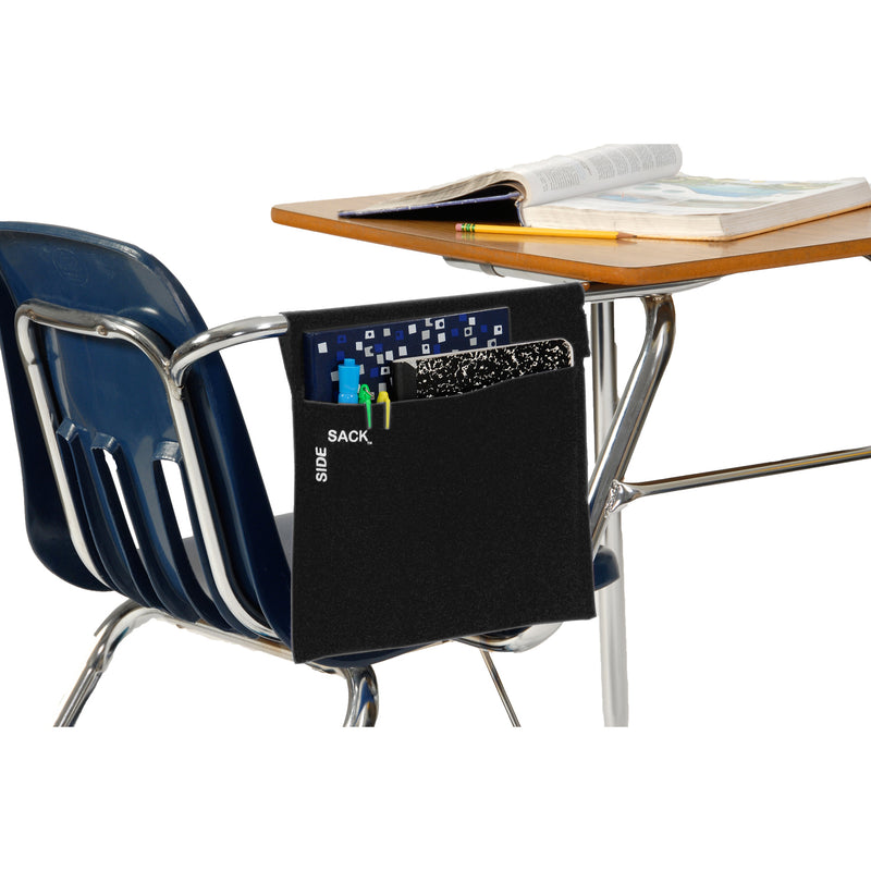 Black Side Sack hanging on a side arm desk with books and school supplies