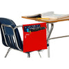 Red Side Sack hanging on a side arm desk with notebook and school supplies