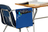 blue side sack hanging on a tablet arm desk with a binder, memo book and school supplies