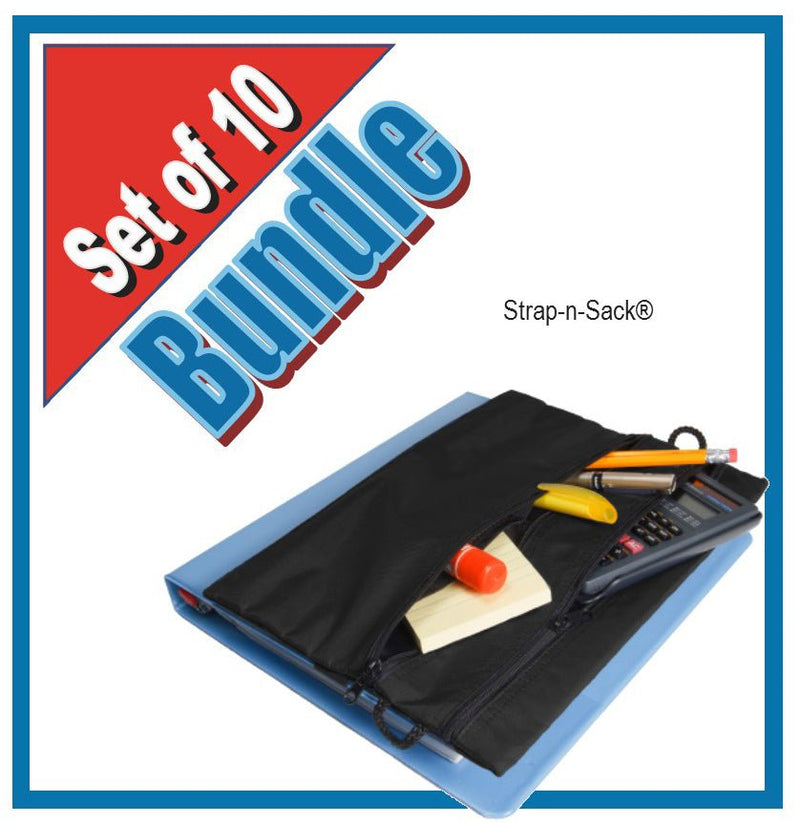 Bundle of 10 Black Strap-n-Sack pencil pouches that slide onto the front of a binder for instant storage of school supplies, two roomy zippered pockets with individual compartments inside of the pocket, strap-n-sack bundle