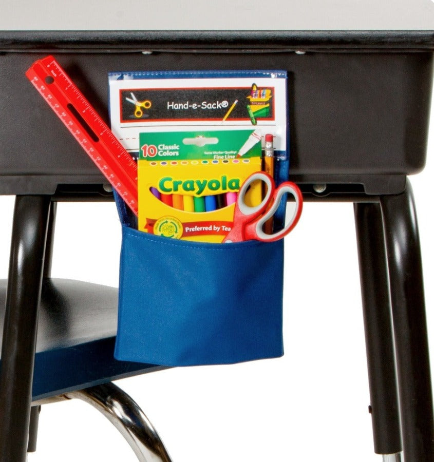 hand-e-sack desk organizer for school supplies, flash cards, calculator or other school products that need to be kept close at hand. This hanging desk organizer is perfect for desks, tables or lockers