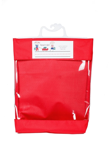 Red Read-n-Go Book Bag with clear view front and easy to carry plastic handle with a hook for hanging, read-n-go book bag, book baggie for classrooms, book pouch for students, reading bag