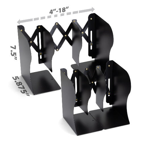 Adjustable bookends with dimensions, expandable to 18 inches