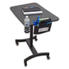 DC500 sit stand, mobile adjustable desk cart with Seat Sack desk accessories attached. Tablet Taker hanging from side of desk. Cup holder clamped on to side of desk, Strap-n-Sack pencil pouch on a binder on top of the desk.