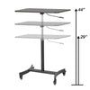 Victor DC500 adjustable desk cart, high rise, sit stand desk, image shows height adjustments from 29" to 44" Available in black