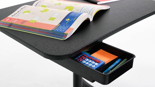 Under desk storage stick-on drawer. Perfectly holds school supplies and other small items for easy storage.