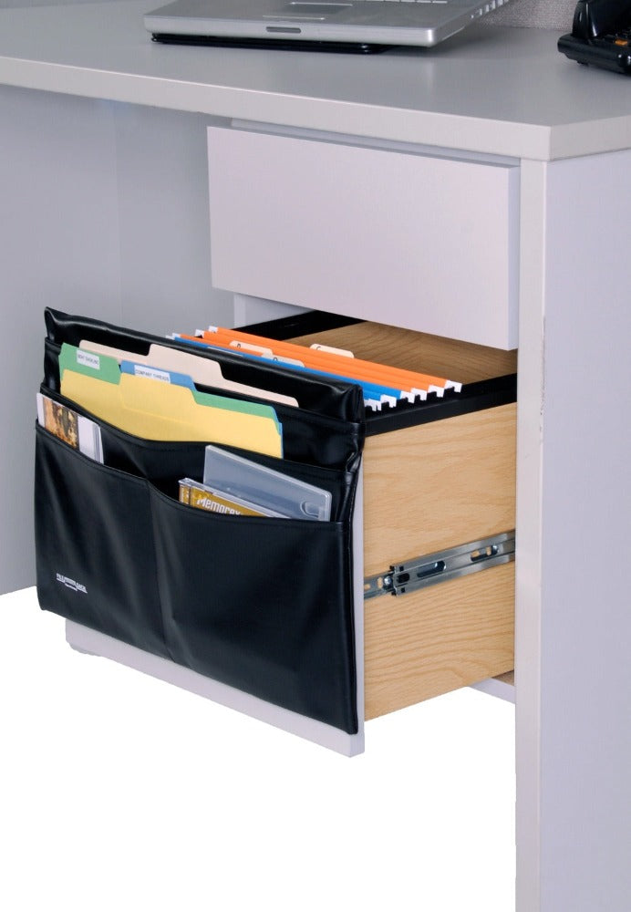 file-n-save sack office file desk storage system that slides onto the front of a desk or file drawer, perfect for home or office organization