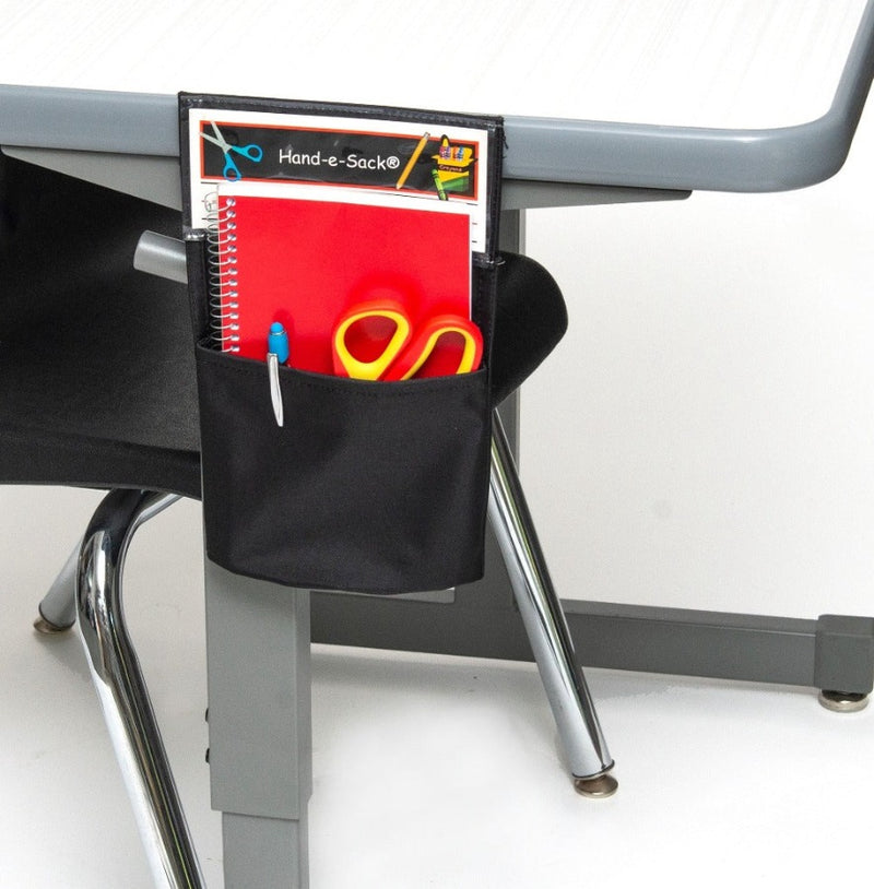 Easily hang this black hand-e-sack on the side of a table, desk or in a locker for instant school supply storage