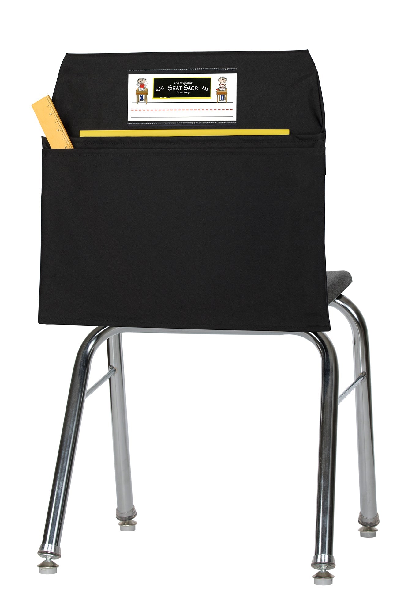 Black Double Pocket Seat Sack chair pocket for instant, at-you-seat-storage of books, papers, technology and school supplies. Simply slides onto the back of a chair. Standard, Medium and Large available. Seat Sack Double Pocket chair pocket
