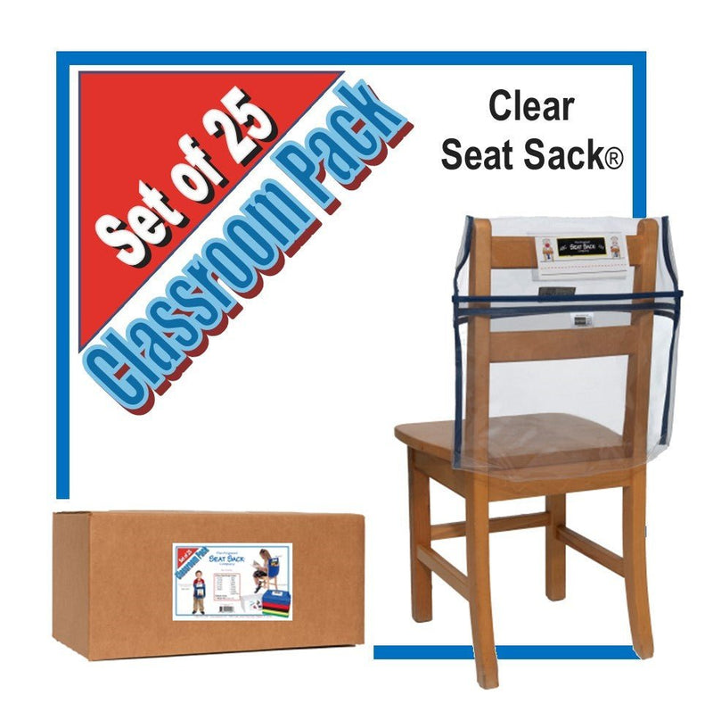 Classroom pack of 25 clear Seat Sacks for instant storage of colorful folders, tech storage, and school supplies. Easy to see organization, seat sack classroom pack clear pocket