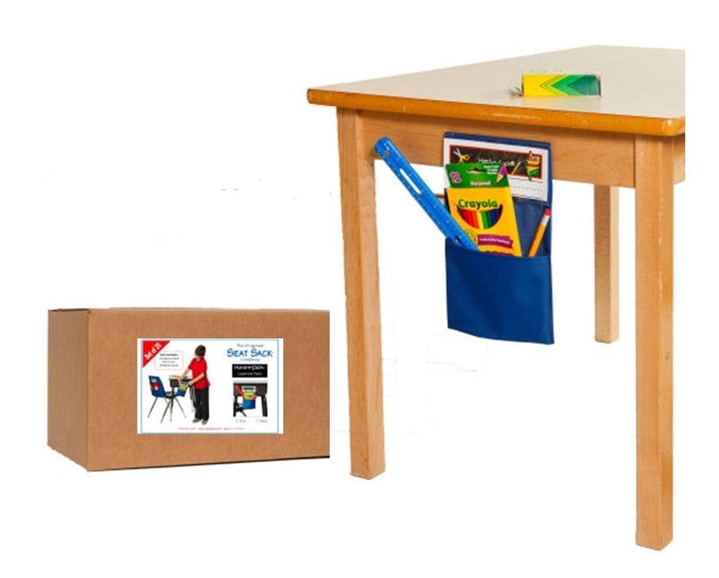 hand-e-sack classroom pack is available in blue or black, its interlocking system allows it to adhere and hang from the side of a desk, table or locker. Perfect for storing school supplies for each student in the class., 50190