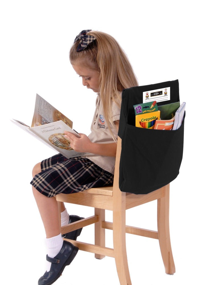 Black Single Pocket Seat Sack, Small, Standard, Medium, Large, school supply storage chair pocket, slides on the back of a chair to create a pocket, seat sack chair pocket instant storage system