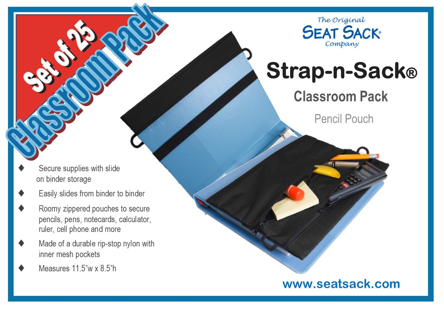 Classroom Pack of 25 Strap-n-Sack multi-zippered pocket pencil pouches that slides onto the front of a binder, strap-n-sack classroom pack