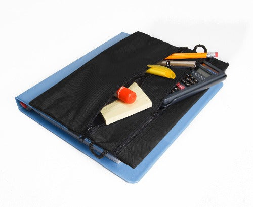 Black Strap-n-Sack pencil pouch that slides onto the front of a binder, multiple large pockets zippered pockets with individual compartments inside for storage of school supplies, cell phones, calculators, slides onto the front of a binder, strap-n-sack pencil pouch