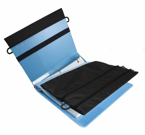 Black Strap-n-Sack pencil pouch, picture demonstrates how the pencil pouch slides onto the front of a binder, strap-n-sack pencil pouch